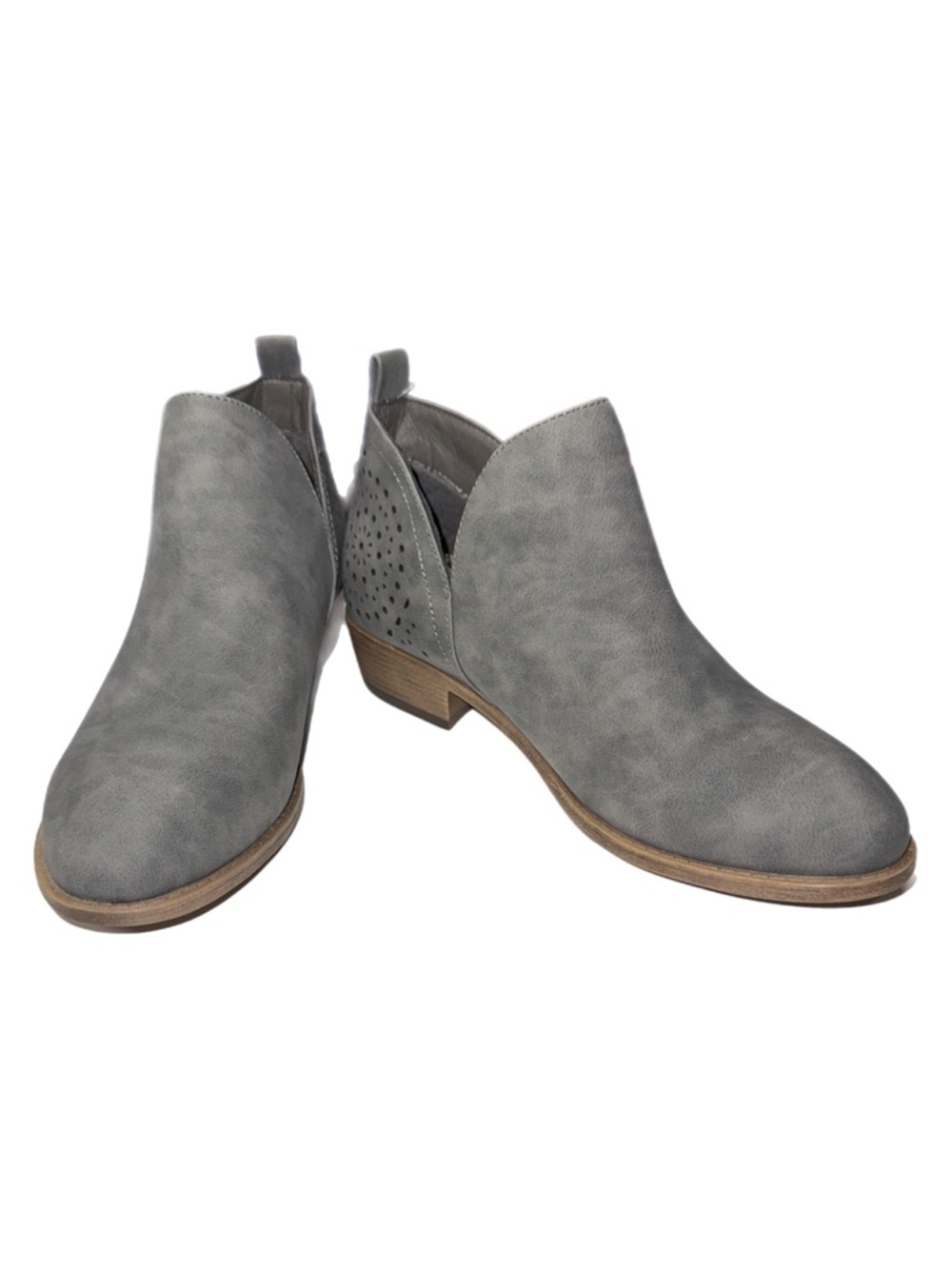 Vepose - Gray‎ Ankle Boots - Stacked Heel - Slip‑On Cutout Booties - Women’s 8
